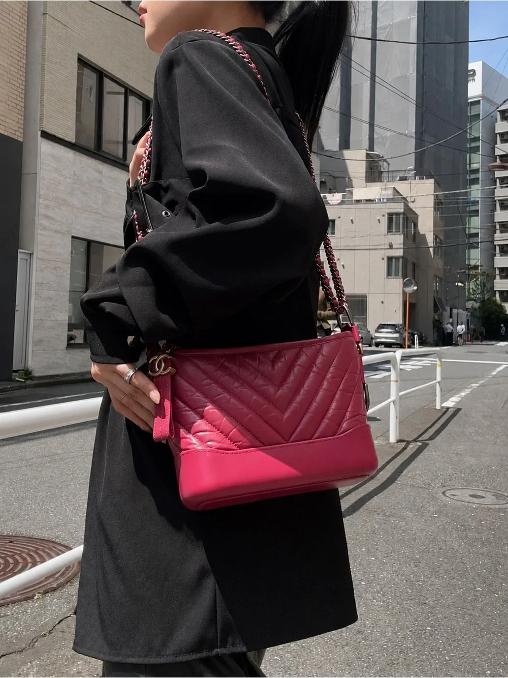 CHANEL Burgundy Quilted Chevron Leather Shoulder Bag with Gold CC Charm